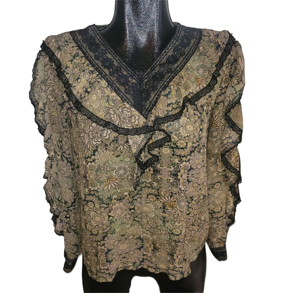 Tan Floral Ruffle Boho Chic Blouse with Black Lace Trim - Picture 1 of 5